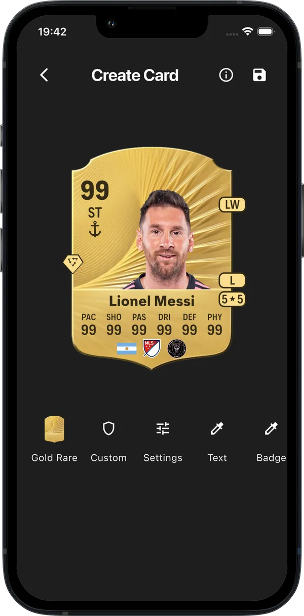 Lionel Messi gold rare card with Argentina, MLS and Inter Miami badges and 99 stats