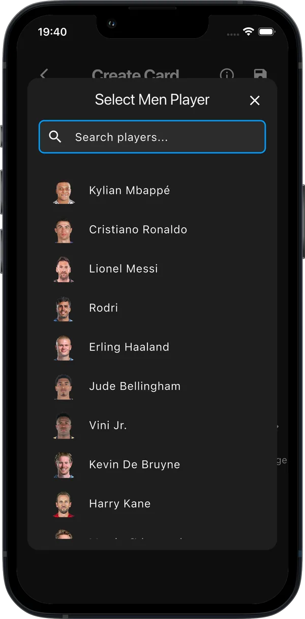 Player picker listing Kylian Mbappé, Cristiano Ronaldo, Lionel Messi, Rodri and Erling Haaland