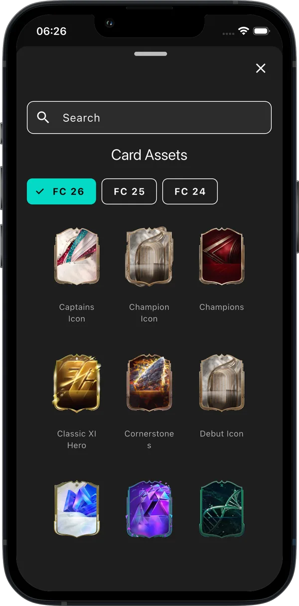 Card design picker with FC 26, FC 25 and FC 24 season tabs showing Champions, Icon and Hero card designs