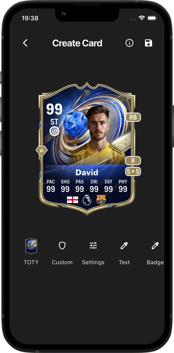 FUT card creator app showing a Team of the Year card being designed on an iPhone